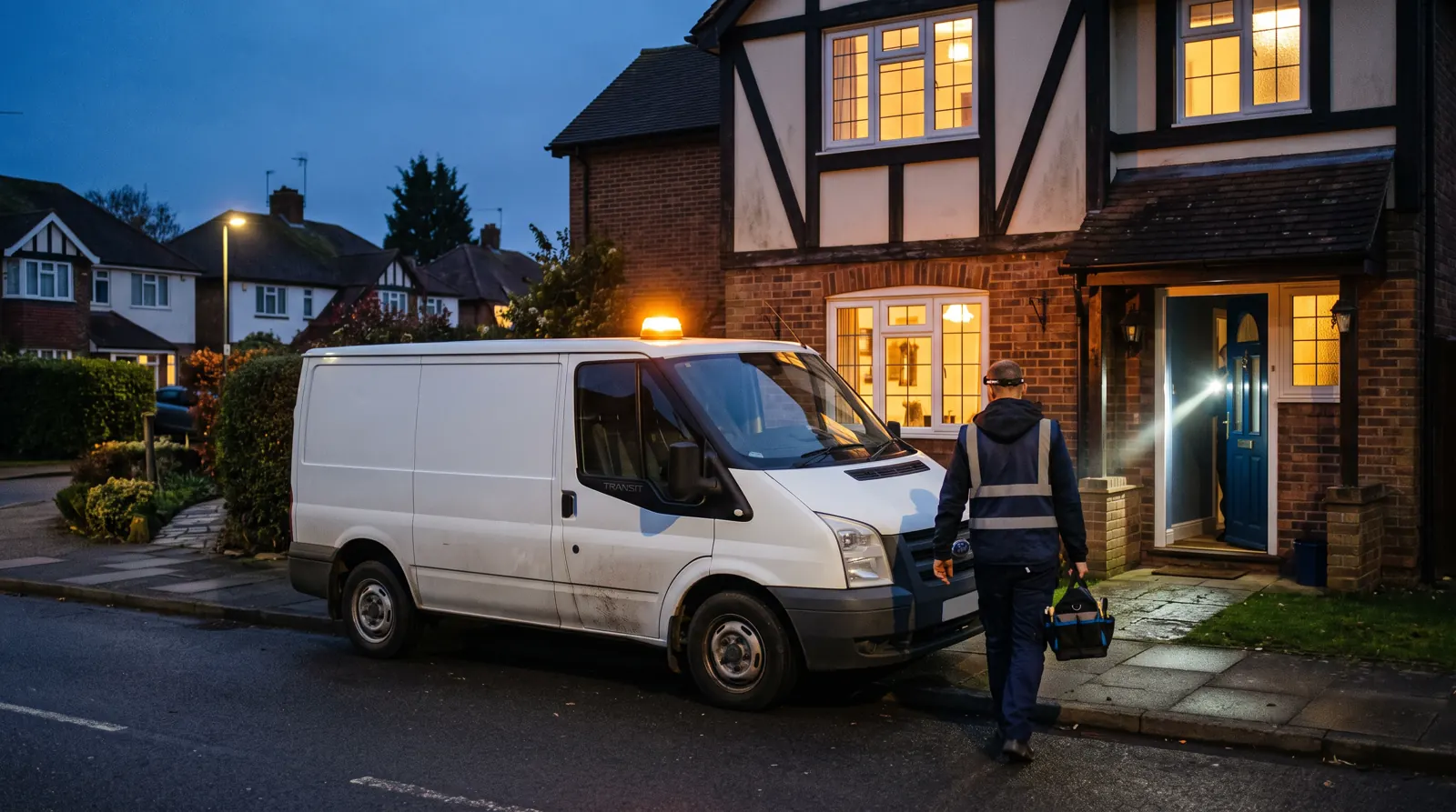 Electrician's van with amber beacon outside a house at dusk